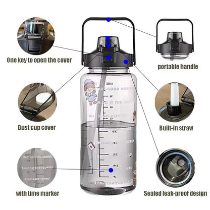 2L Motivational Water Bottle with Time Marker Transparent, Leak-Proof